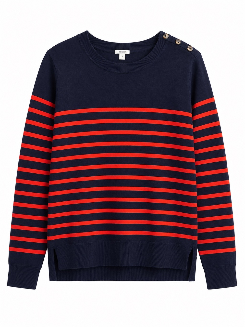J. Crew Navy with Red Striped Button-Shoulder Crewneck Sweater